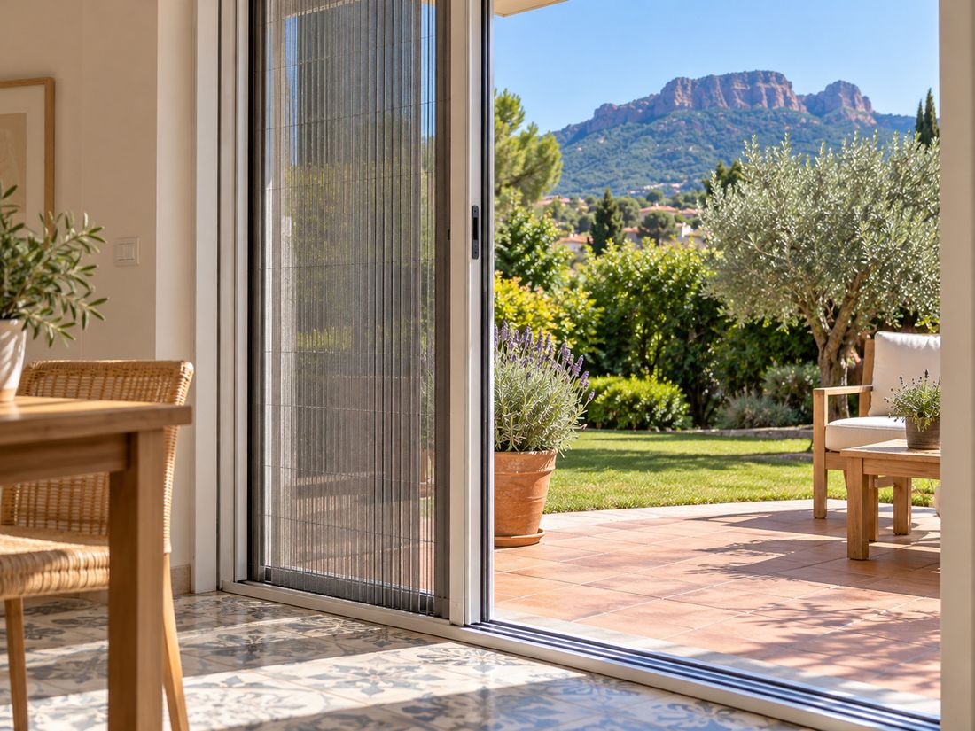 Mosquitera plisada abierta en la puerta de salida a una terraza